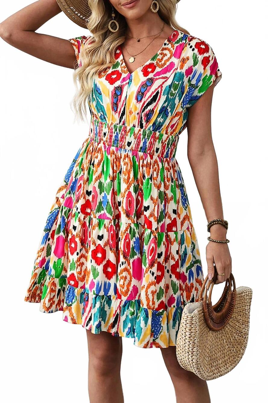 NEW 1 THE WOMAN abstract print ruffle tiered mini dress in multi